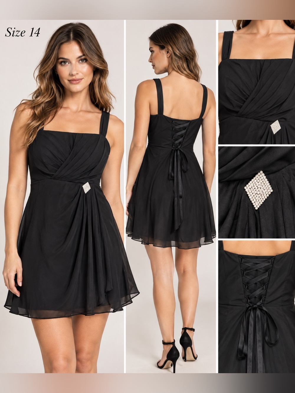 Black Chiffon Corset Back Ruched Rhinestone Mini Dress Size 14